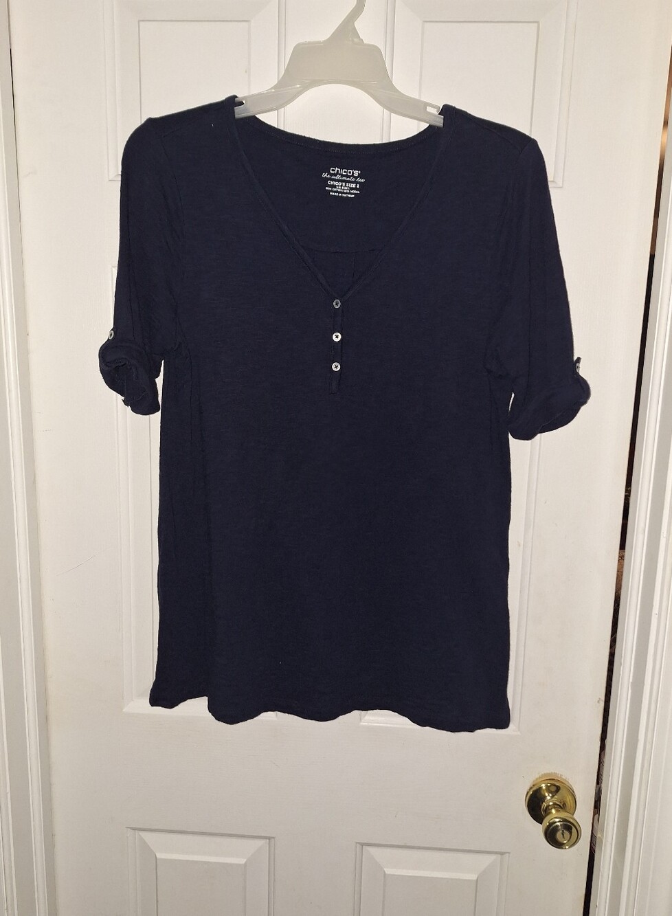 Chico's Navy V-Neck Short Sleeve Button Top